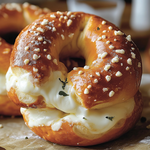 A close up of a mozzarella stuffed soft pretzel.