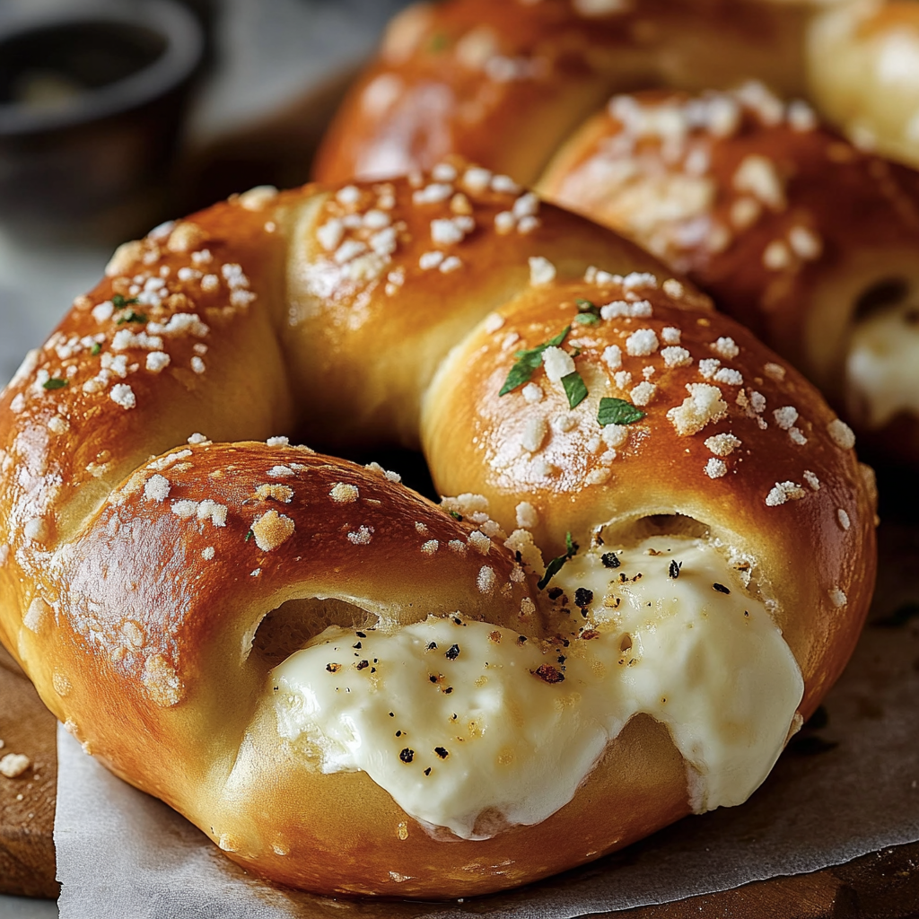 A close up of a mozzarella stuffed soft pretzel.