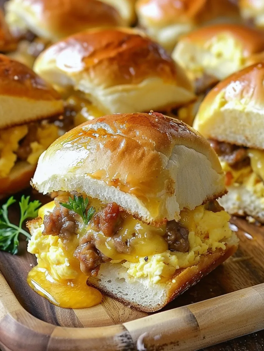 Sausage, egg and cheese breakfast sliders.