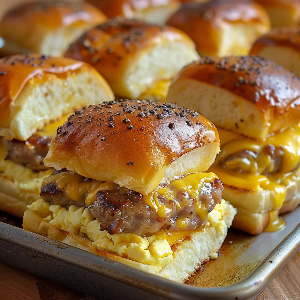 A tray of sausage, egg and cheese breakfast sliders.