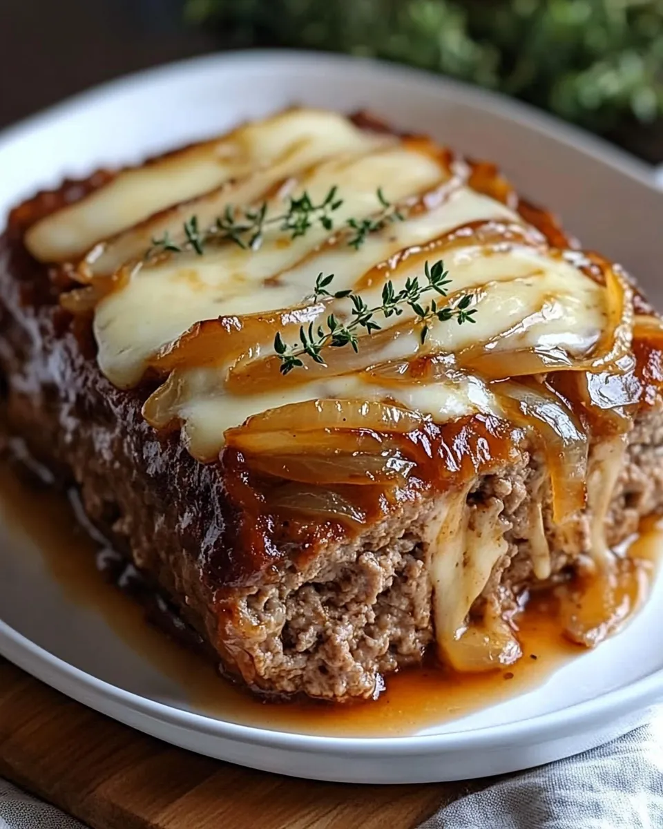 A piece of French onion meatloaf on a white plate.
