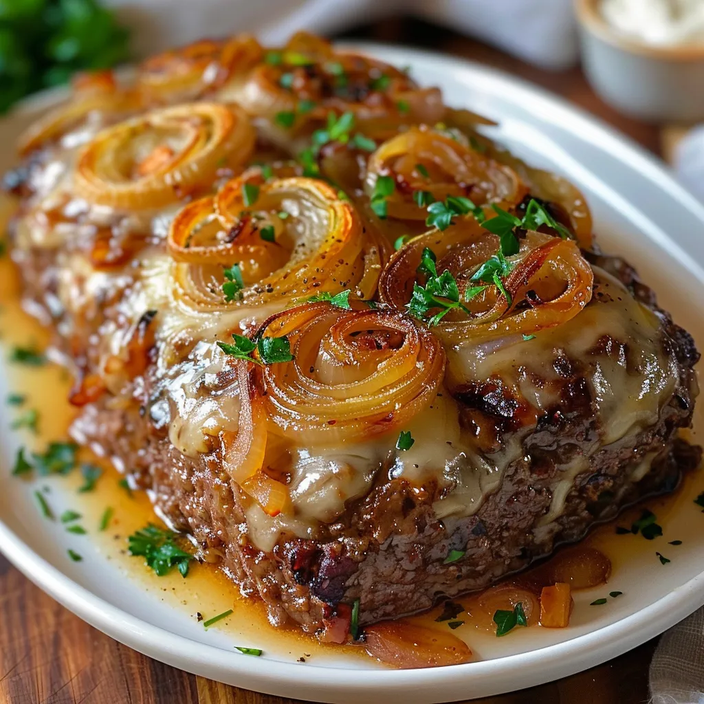 A plate of French Onion Meatloaf.
