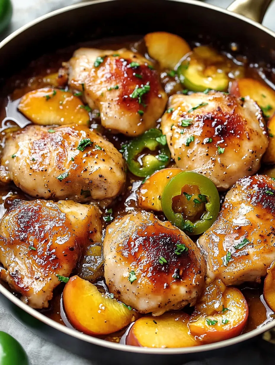 A dish of chicken with jalapenos and peaches.