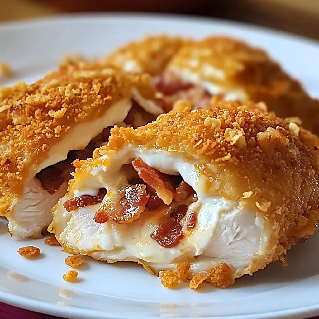 A plate of chicken with bacon and cream cheese.