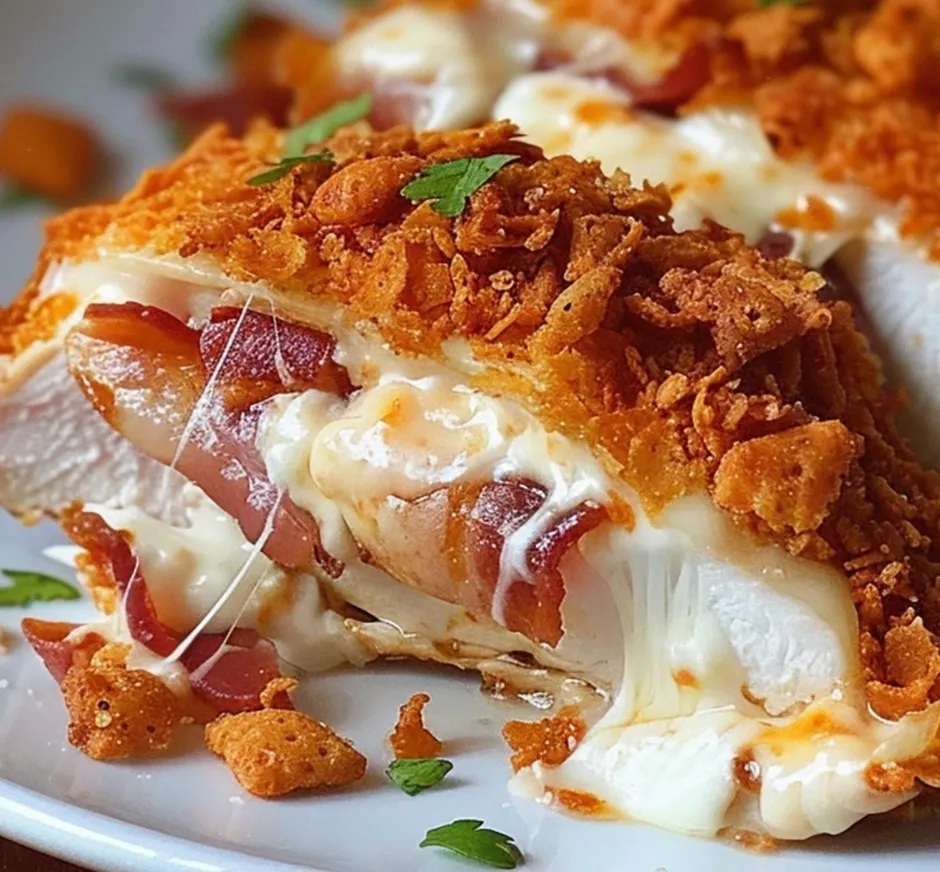 A plate of chicken with bacon and cheese.