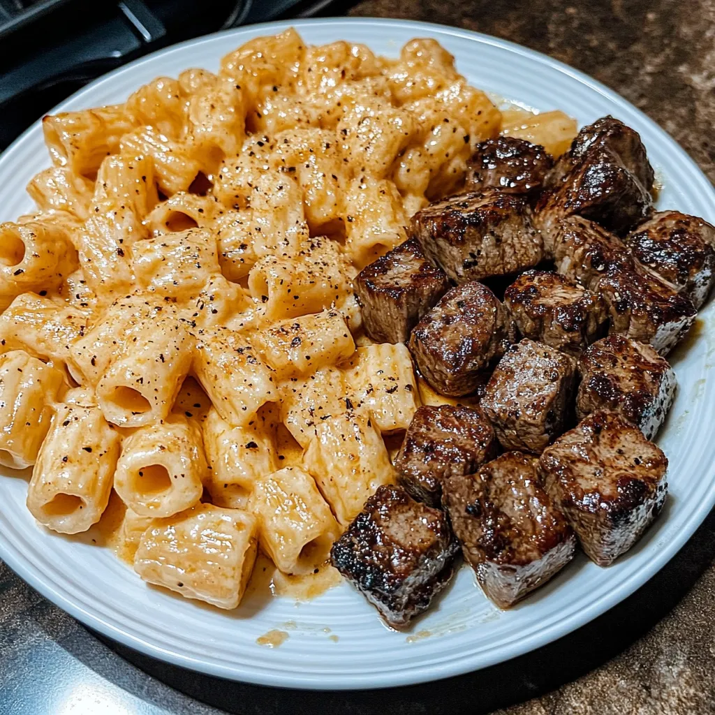 CAJUN STEAK TIPS IN CHEESY RIGATONI PARMESAN SAUCE