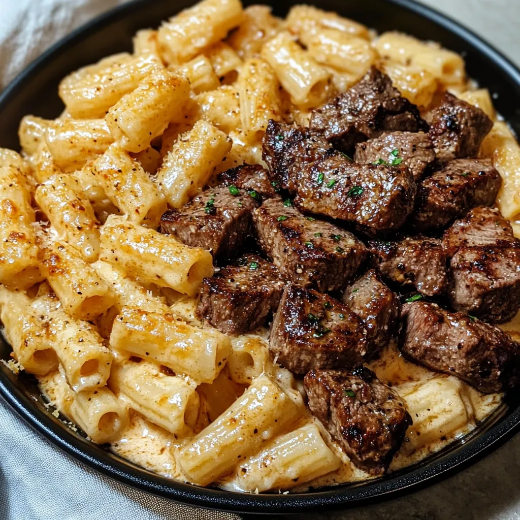 CAJUN STEAK TIPS IN CHEESY RIGATONI