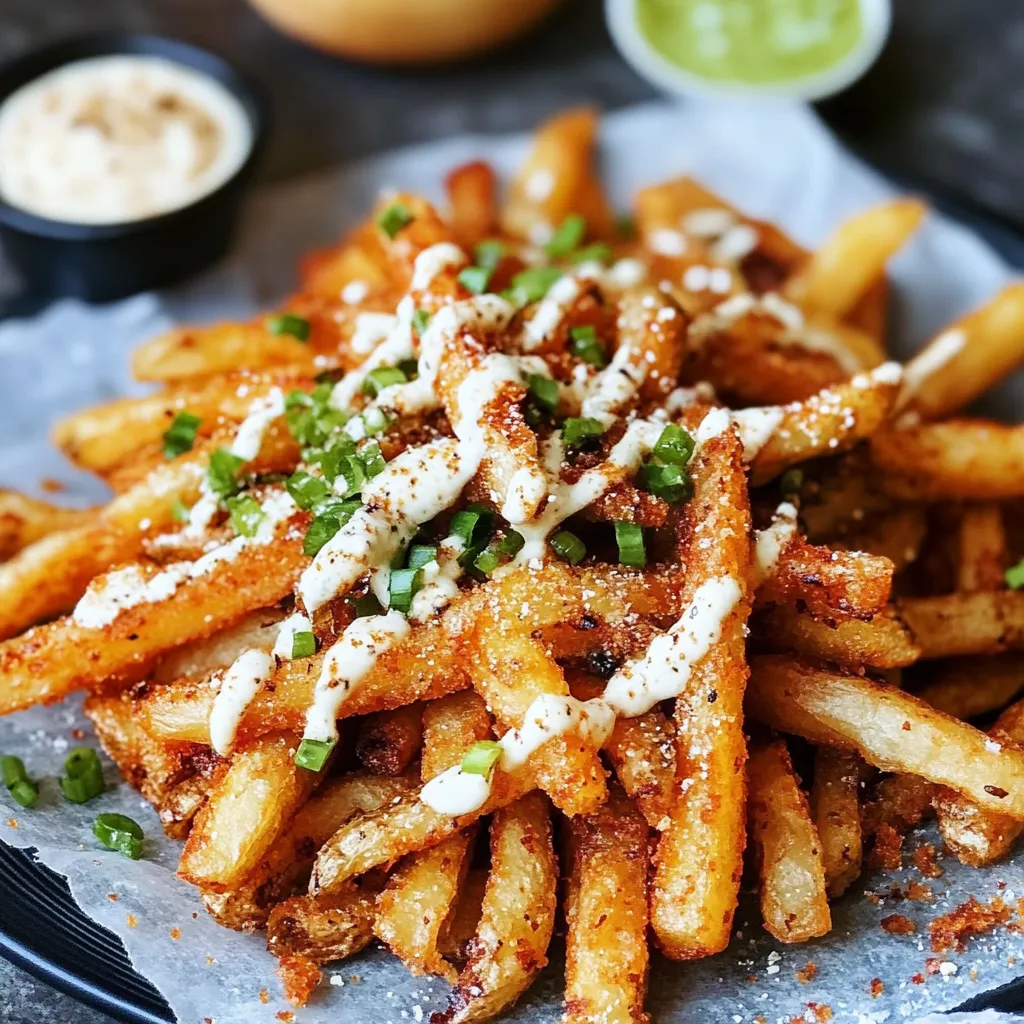 A plate piled high with fries, melted cheese, and lots of green onions.