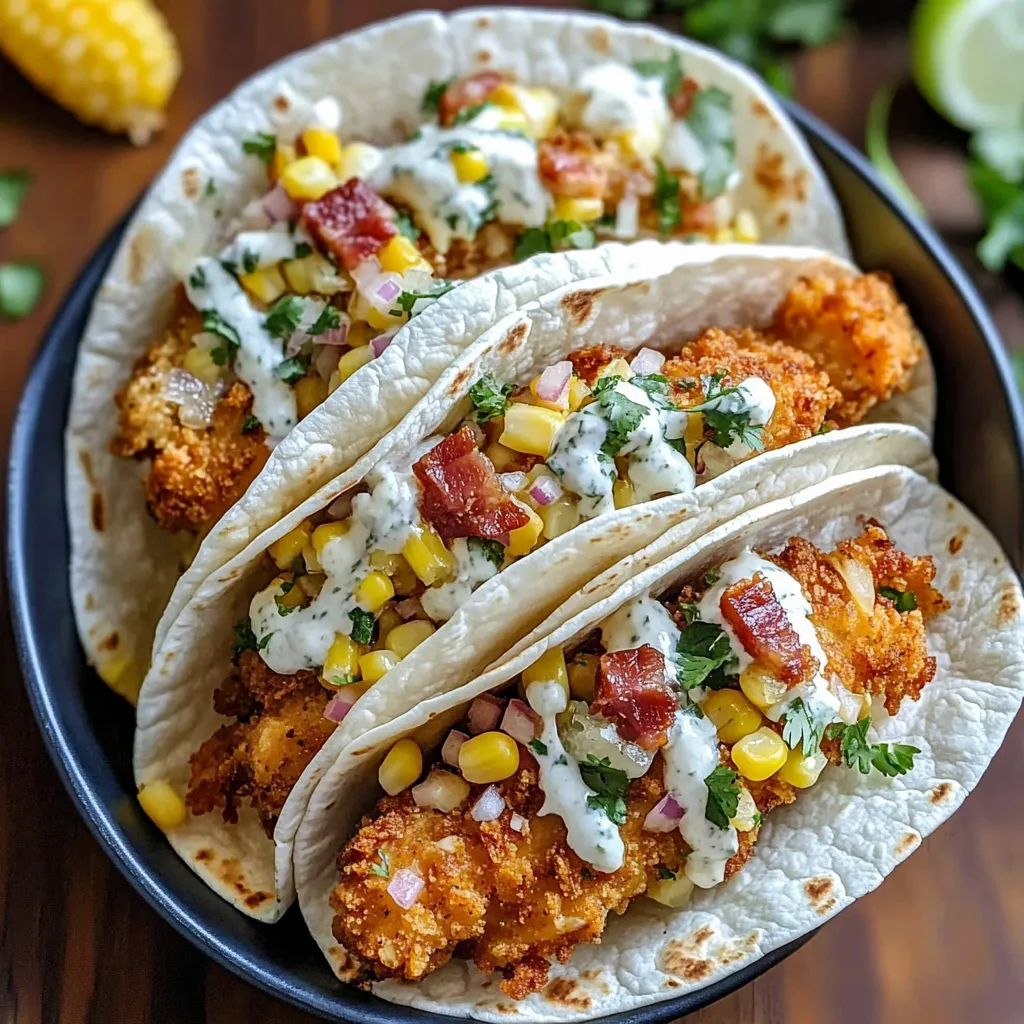 Two street corn chicken tacos with white sauce.