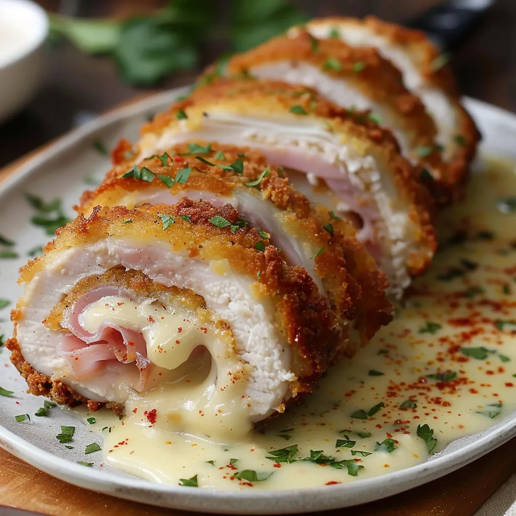 A delicious looking chicken cordon bleu.