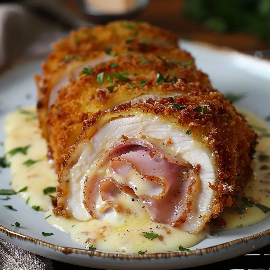 A delicious looking chicken cordon bleu.