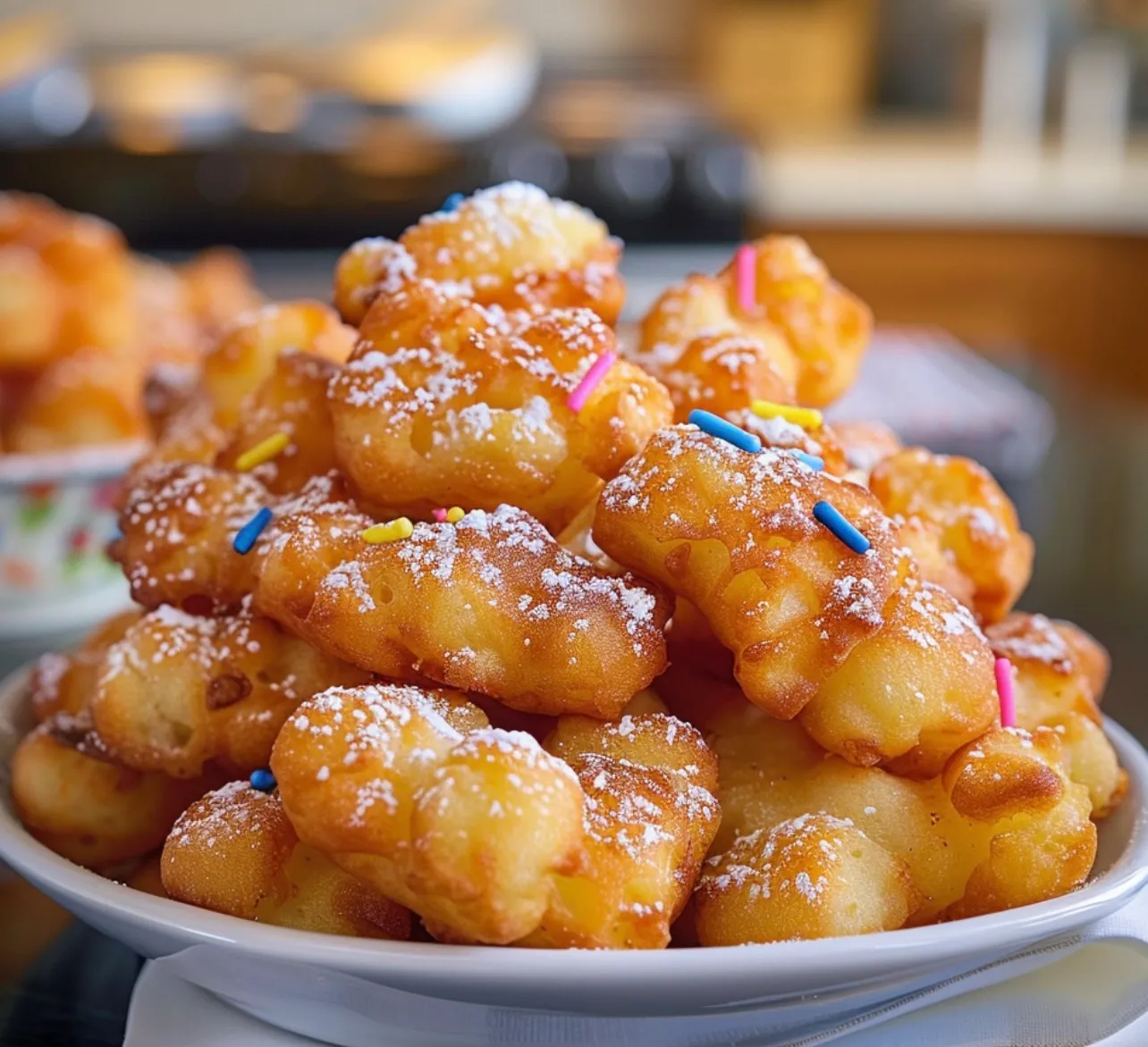 A plate of funnel cake bites.
