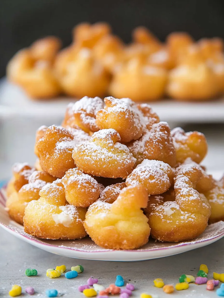A plate of funnel cake bites covered in powdered sugar.
