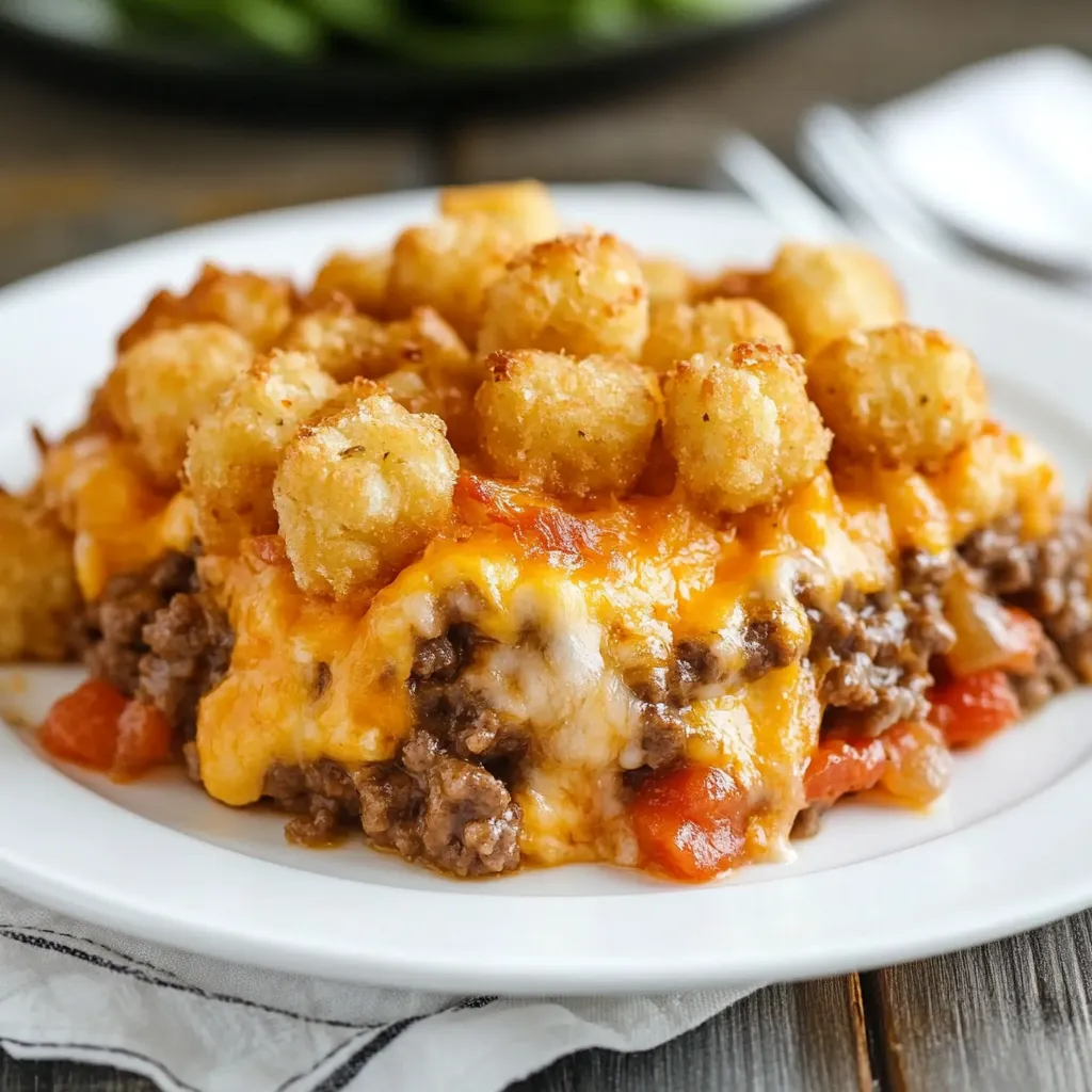 A cheeseburger casserole on a white plate.