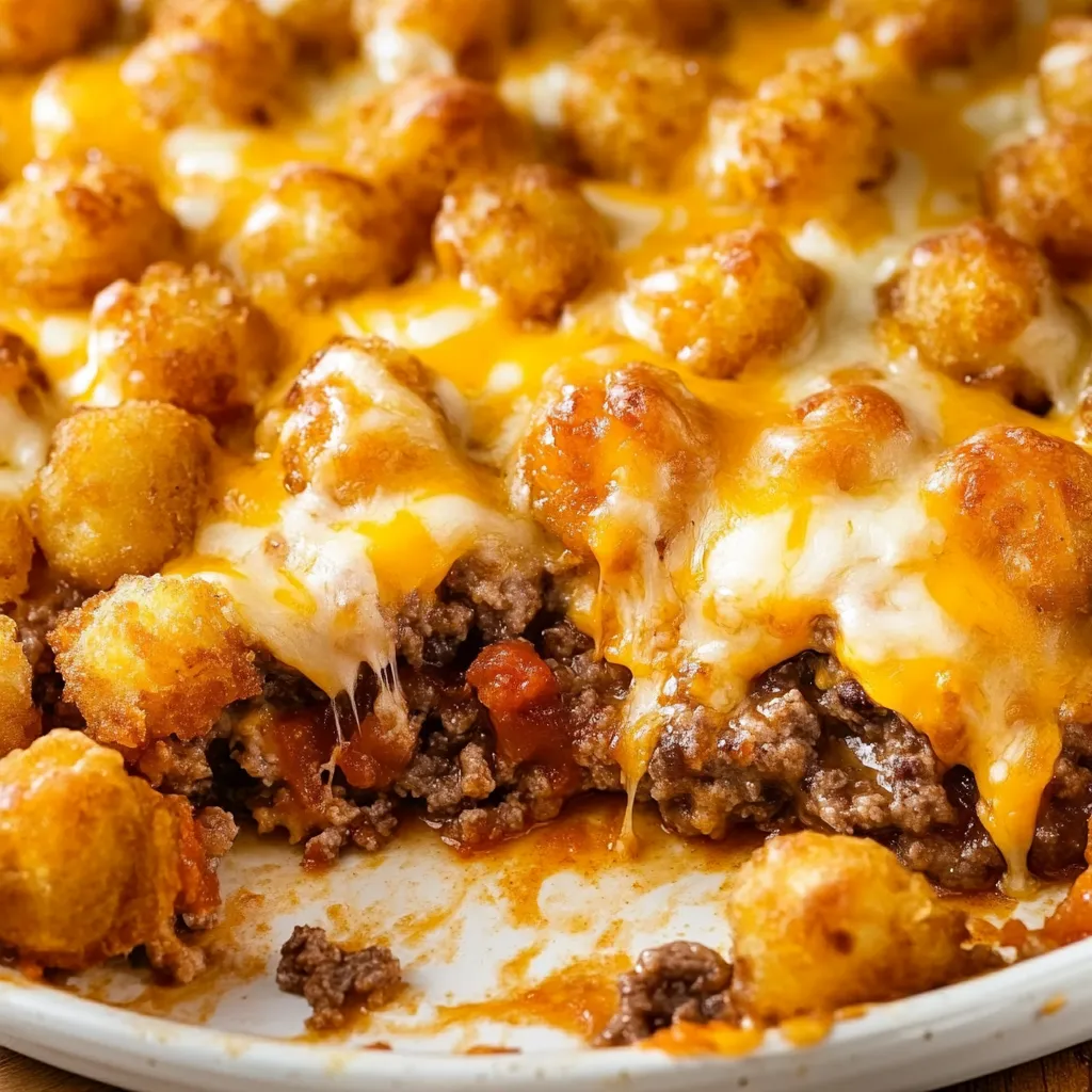 A cheeseburger casserole with a golden brown crust.