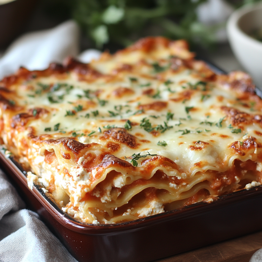 A pan of lasagna with a white sauce.