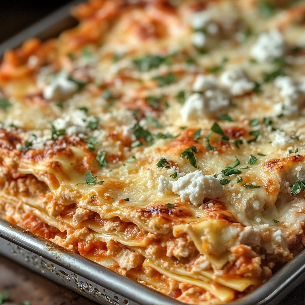 A pan of lasagna with cheese and herbs.