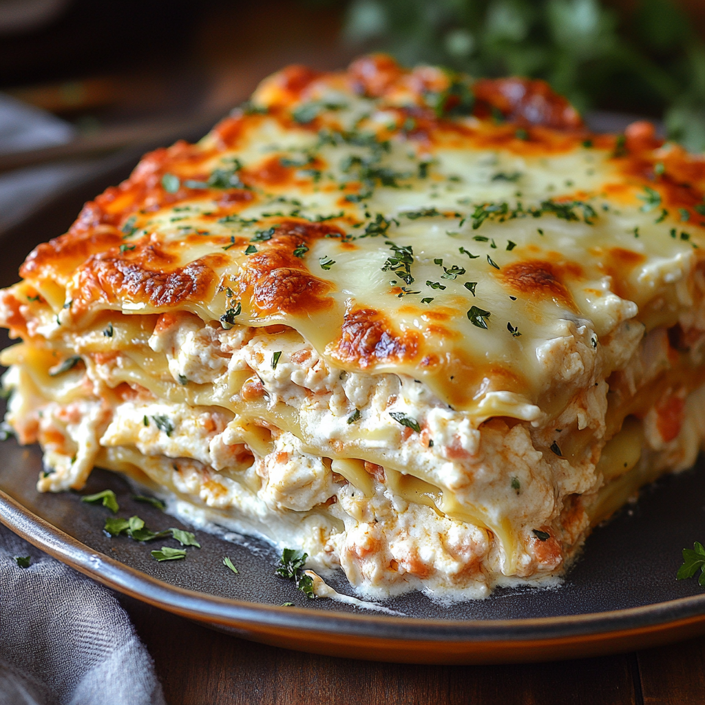 A plate of lasagna with cheese and herbs.