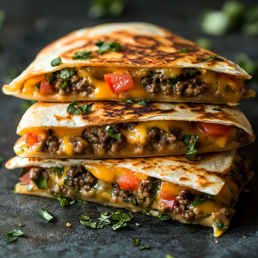 Three stacked tacos with cheese and tomatoes.
