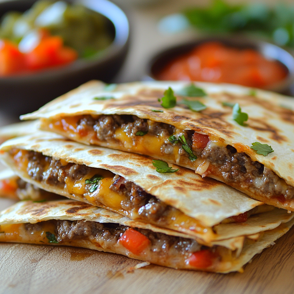 A stack of three Mexican food items.