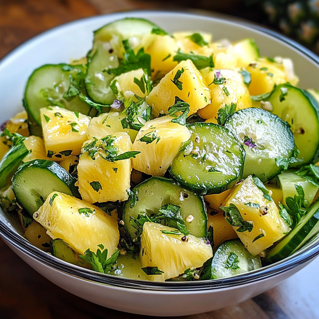 A bowl of sliced cucumbers and pineapple.