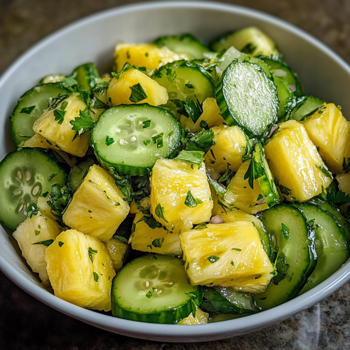 A bowl of sliced pineapple and cucumbers.