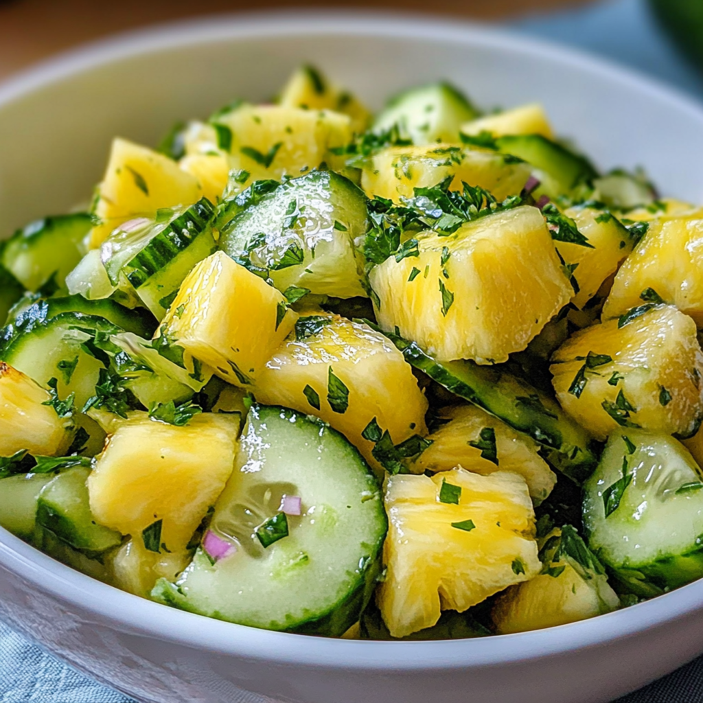 A bowl of sliced cucumbers and pineapple.