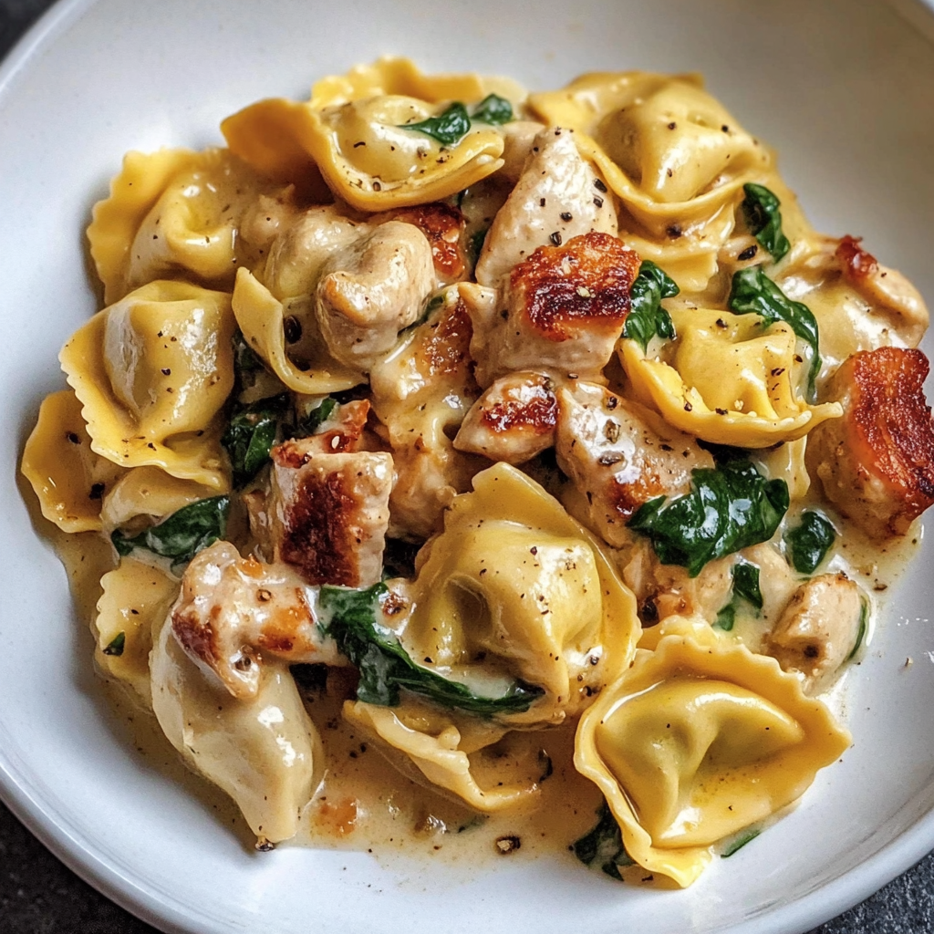A plate of pasta with chicken and spinach.