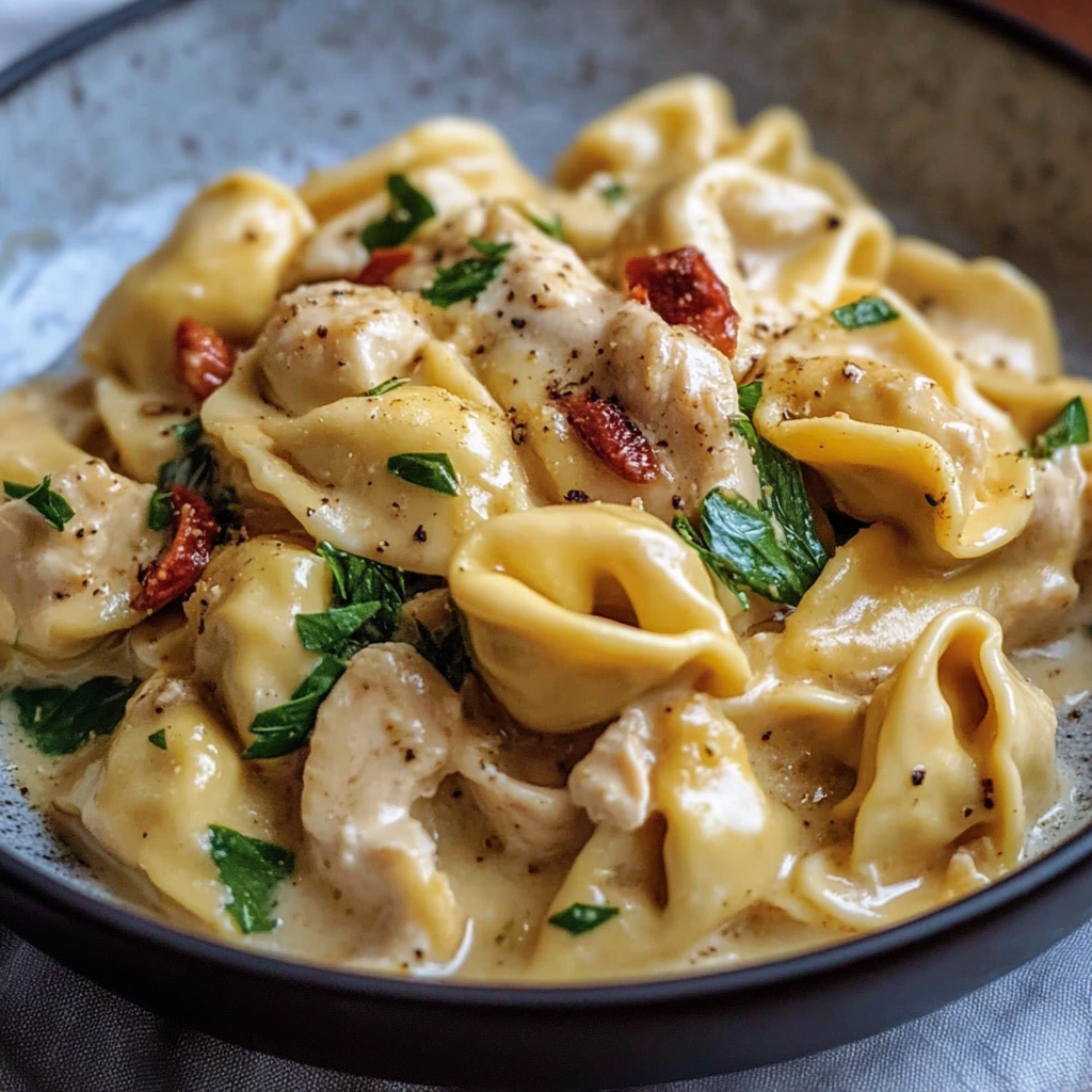 A bowl of pasta with chicken and sauce.