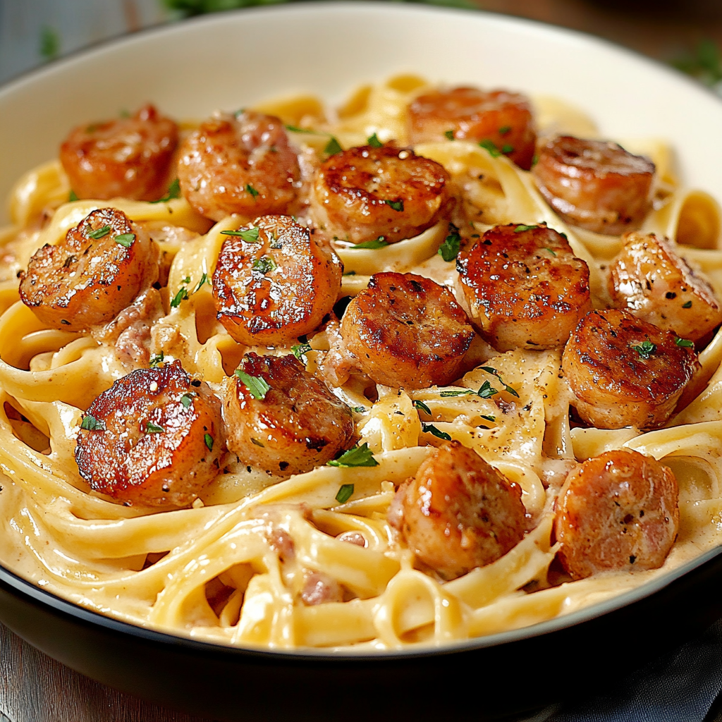 A bowl of pasta with chicken and herbs.