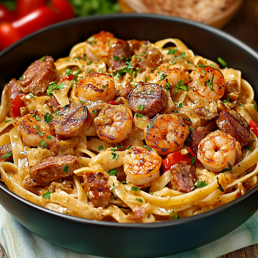 A bowl of pasta with shrimp and tomatoes.