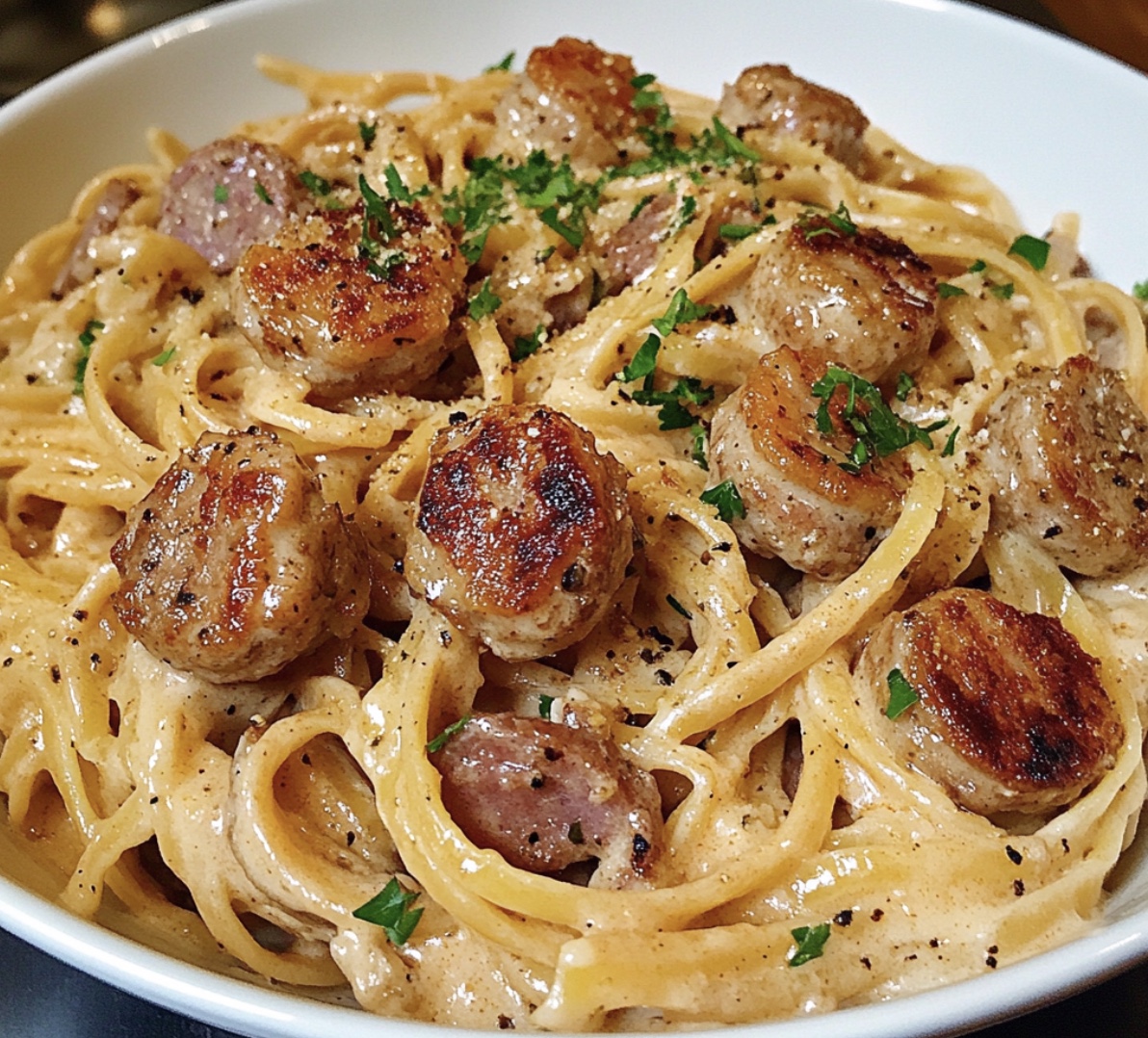 A bowl of pasta with meatballs and sausage.