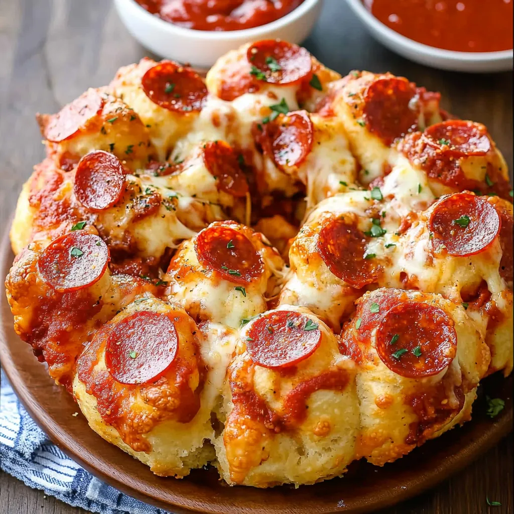 A pizza monkey bread with pepperoni and cheese.