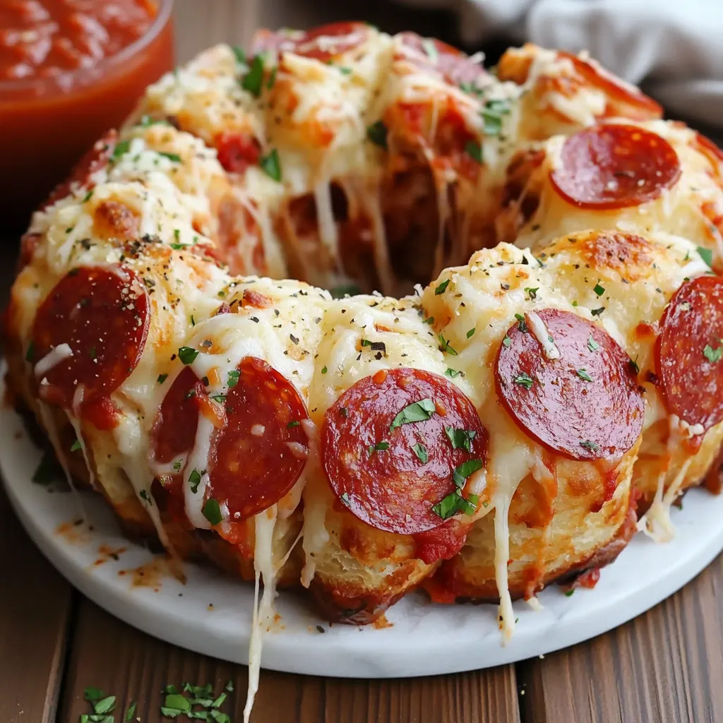 A pizza monkey bread with pepperoni and cheese.