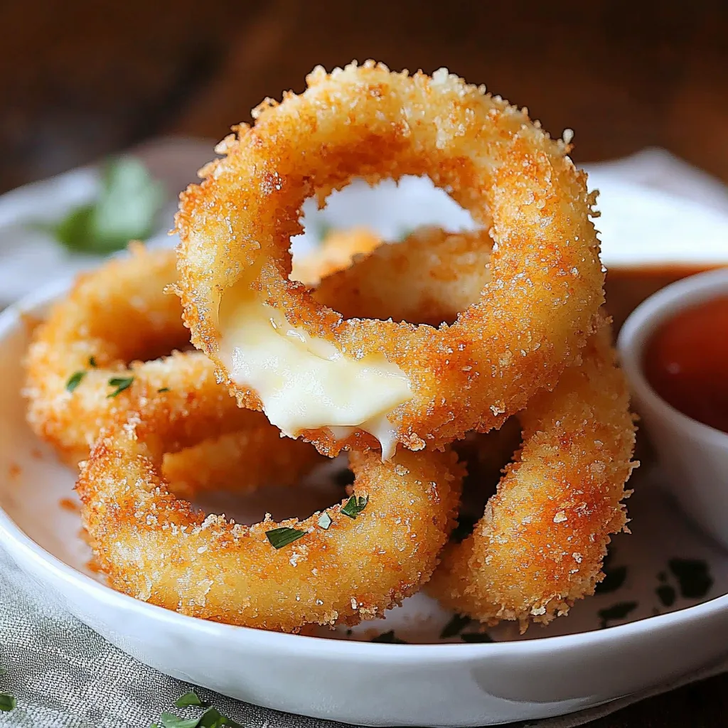 Mozzarella sticks on top of onion rings.