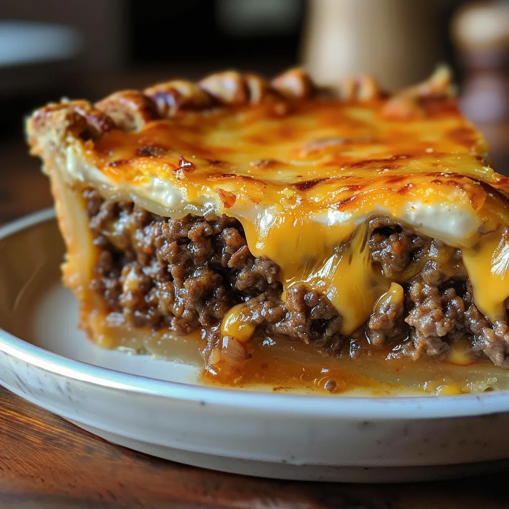 A slice of cheeseburger pie on a plate.