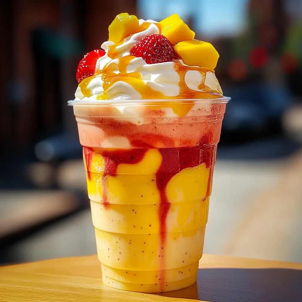 A cup of Mango Strawberry Sunrise Frappuccinos.