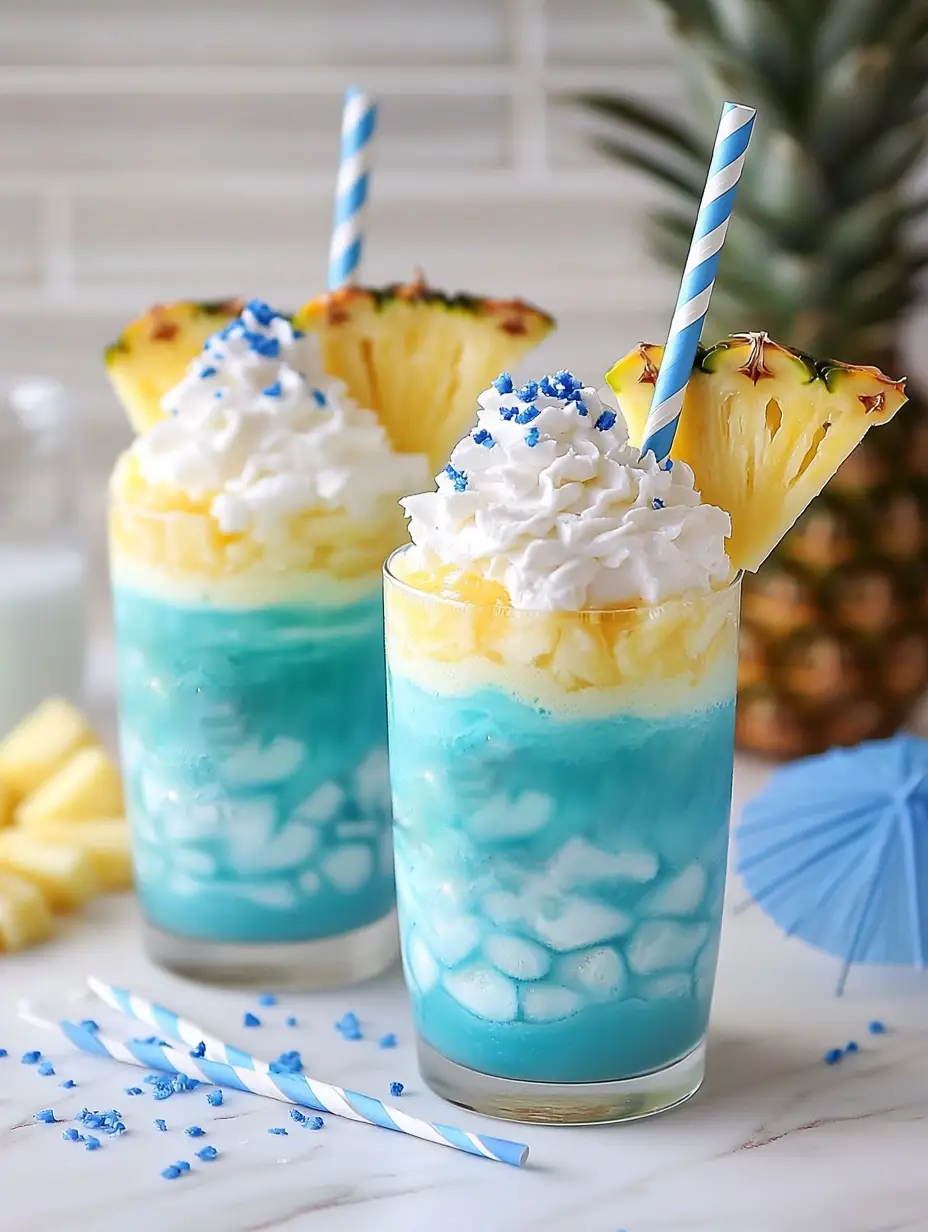 Two Ocean Love Colada Frappuccinos with blue straws.