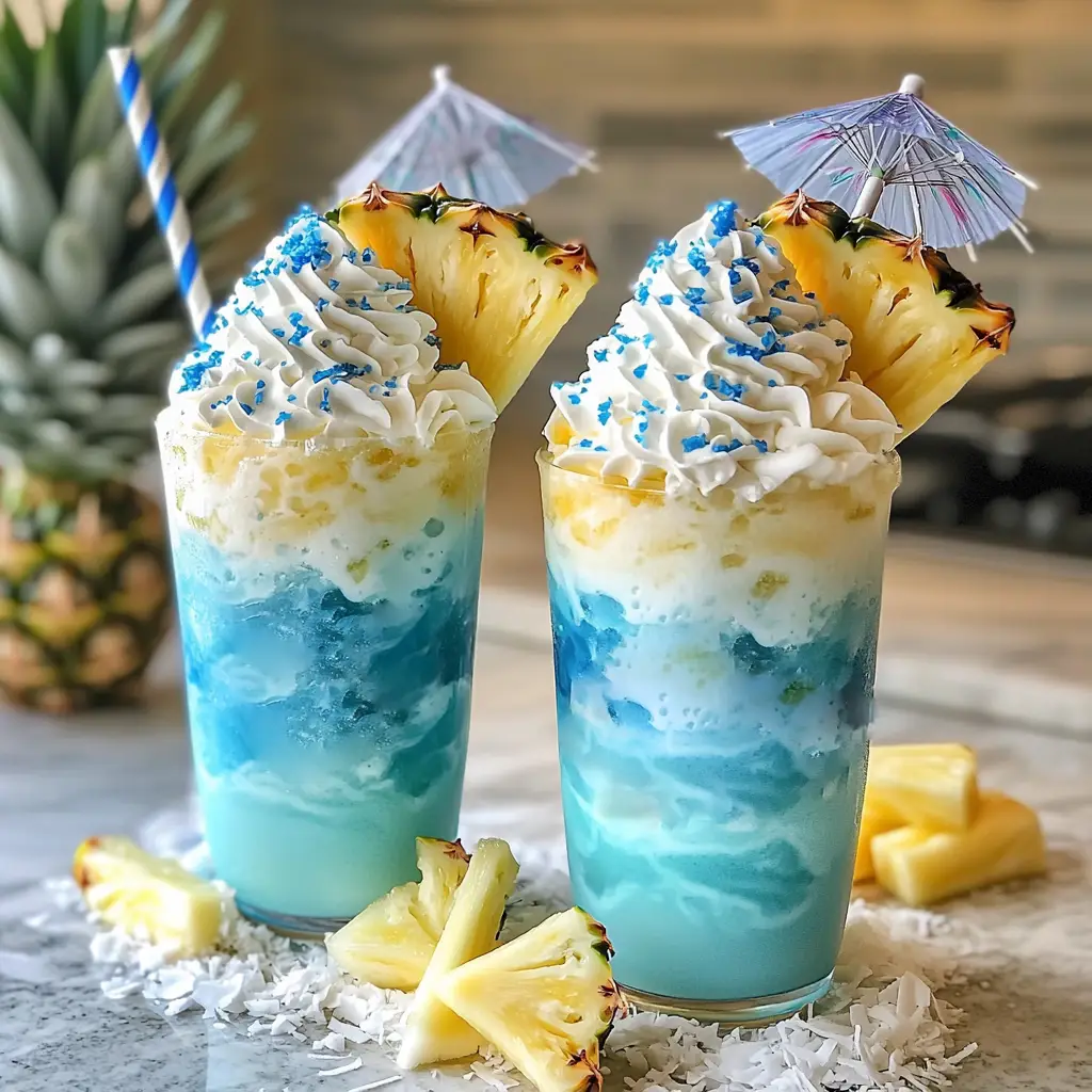 Two Ocean Love Colada Frappuccinos with pineapple and blue raspberry toppings.