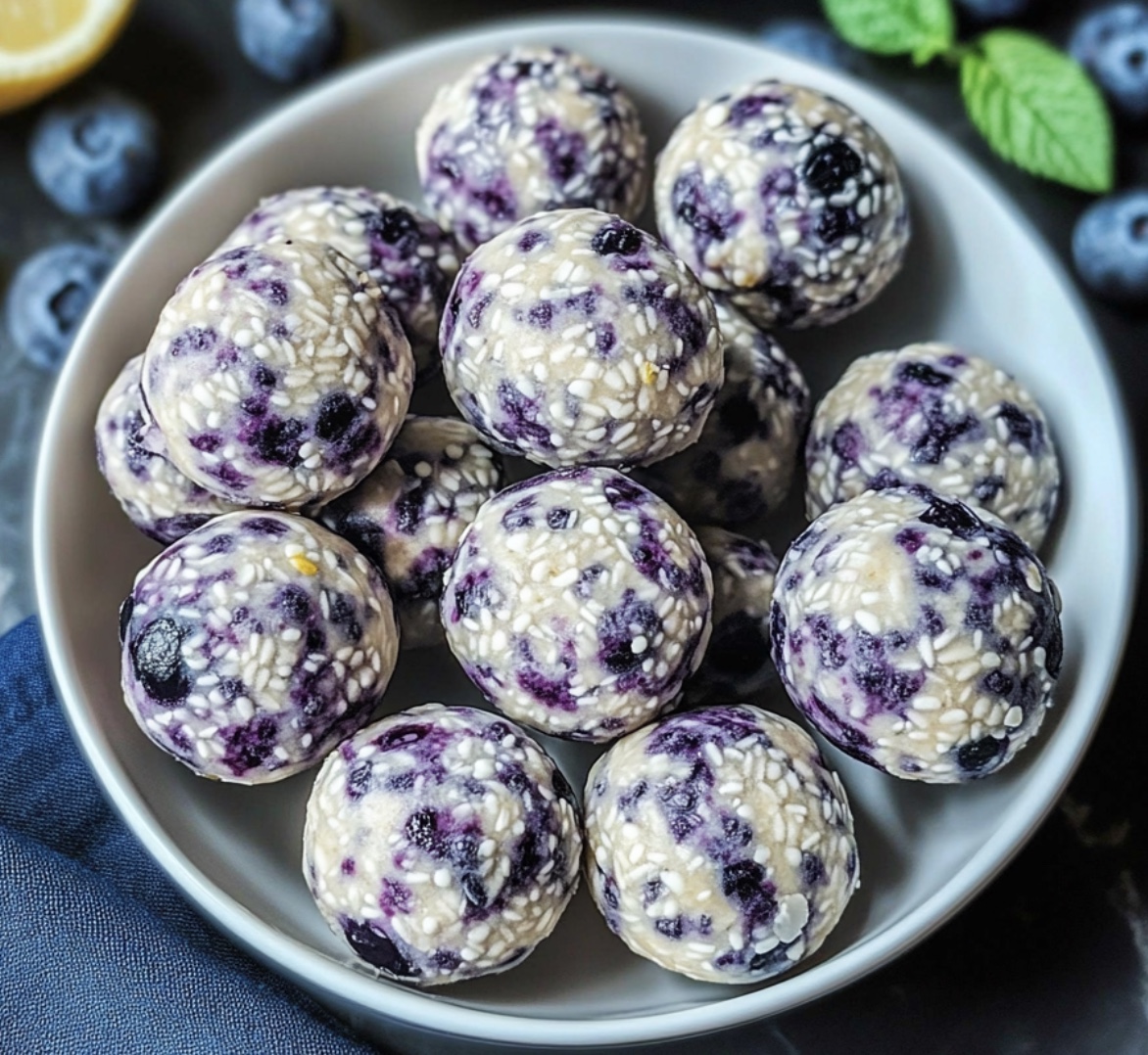 A bowl of blueberry rice balls.