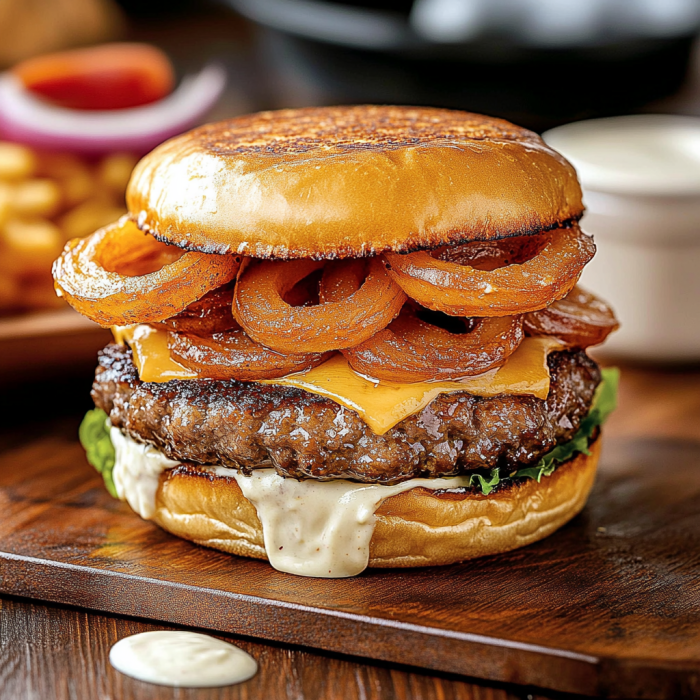 A burger with onions and cheese.