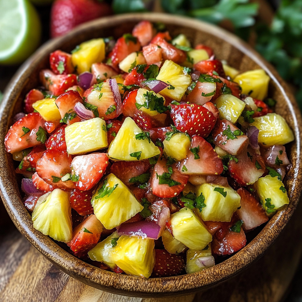 A bowl of fruit with strawberries, pineapple, and lime.