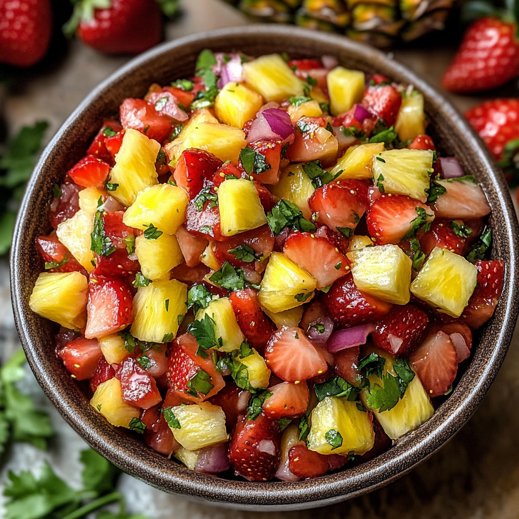 A bowl of fruit with strawberries, pineapple, and onions.