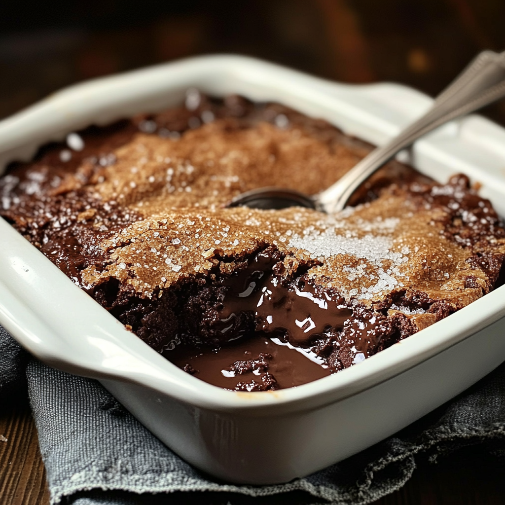 A white bowl filled with chocolate cobbler.