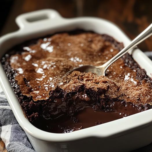 A spoon is in a bowl of chocolate cobbler.