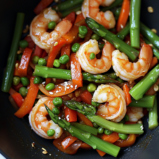 A bowl of shrimp stir fry with vegetables.