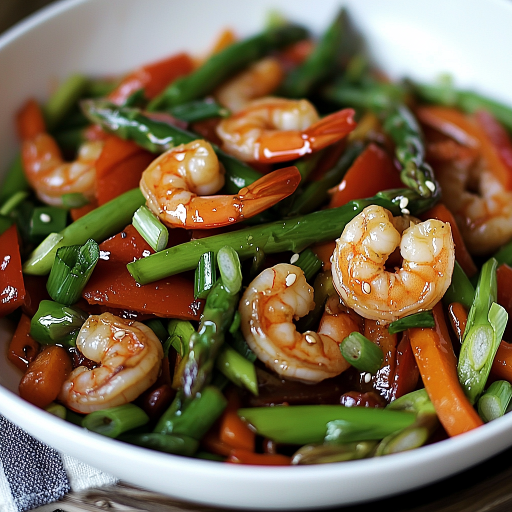 A bowl of shrimp stir fry with vegetables.