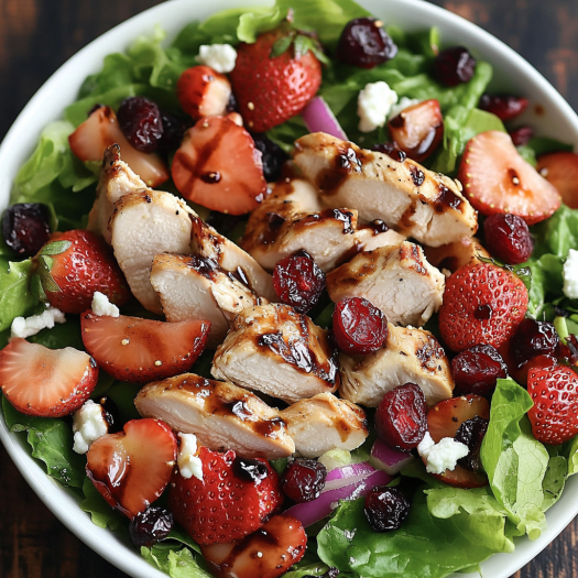 A bowl of chicken salad with strawberries and blue cheese.