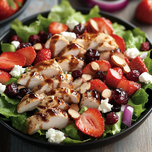 A bowl of chicken salad with strawberries and a balsamic dressing.