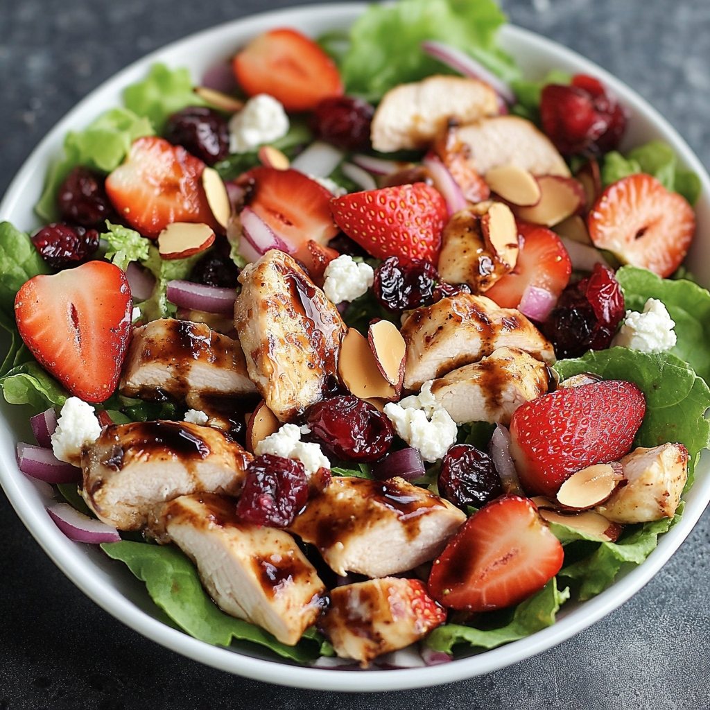 A bowl of chicken salad with strawberries and a balsamic dressing.